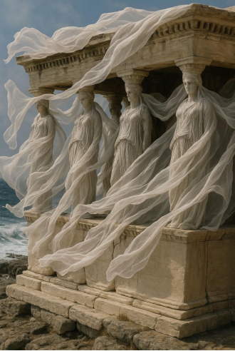 # CARYATIDS, joka virtaa tuulessa# Veistoksen tyyli liittyy läheisesti muinaiskreikkalaiseen taiteeseen